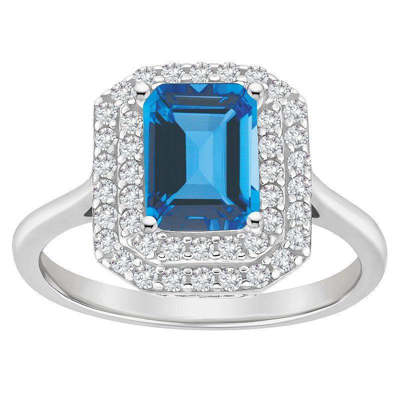 Celebration Gems Sterling Silver Emerald-Cut Swiss Blue Topaz & White Topaz Double Halo Ring, Women's,  Product Image