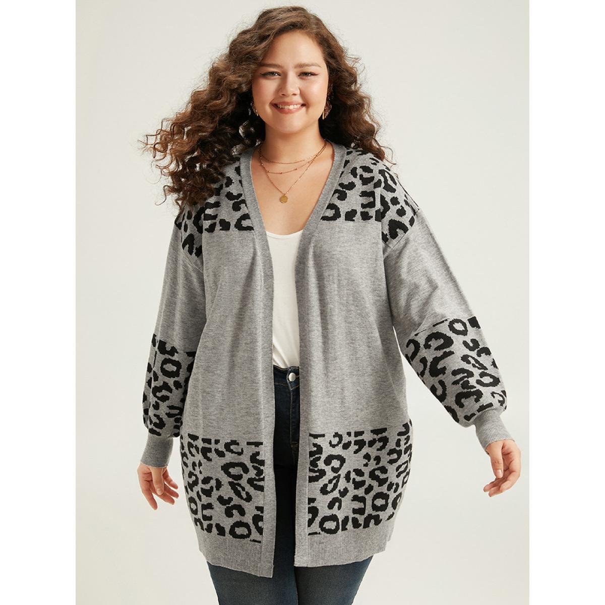 Plus Size Supersoft Essentials Leopard Contrast Elastic Cuffs Pullover DarkGray Women Casual Loose Long Sleeve Dailywear Cardigans BloomChic 28/5X Product Image