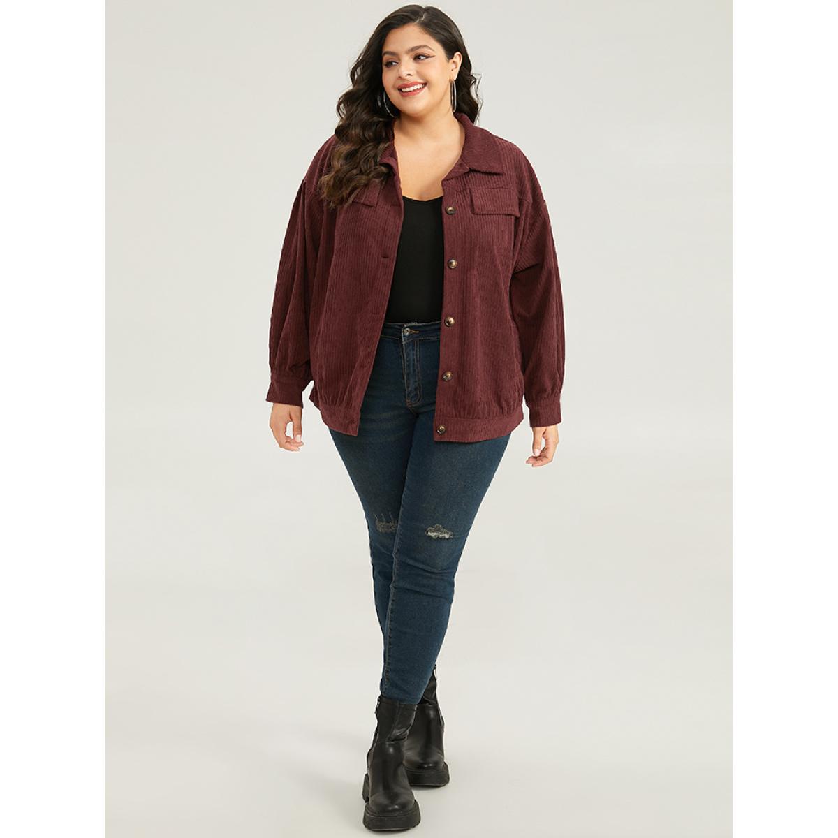 Plus Size Plain Texture Button Through Gathered Jacket Women Maroon Texture Dailywear Jackets BloomChic 12/L Product Image