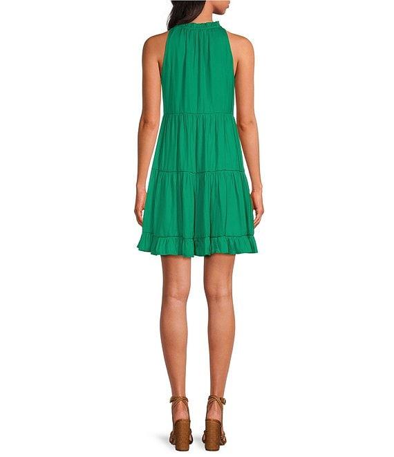 Skies Are Blue Split V-Neck Sleeveless Tiered Mini Dress Product Image