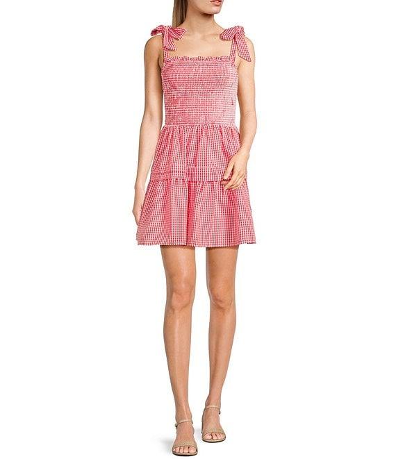 Midnight Doll Gingham Square Neck Tie Shoulder Smocked Bodice Mini Dress Product Image