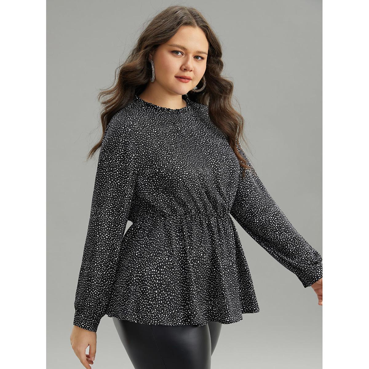 Plus Size Black Polka Dot Chiffon Frill Trim Cut Out Elastic Waist Blouse Women Office Long Sleeve Round Neck Office Blouses BloomChic 18-20/2X Product Image