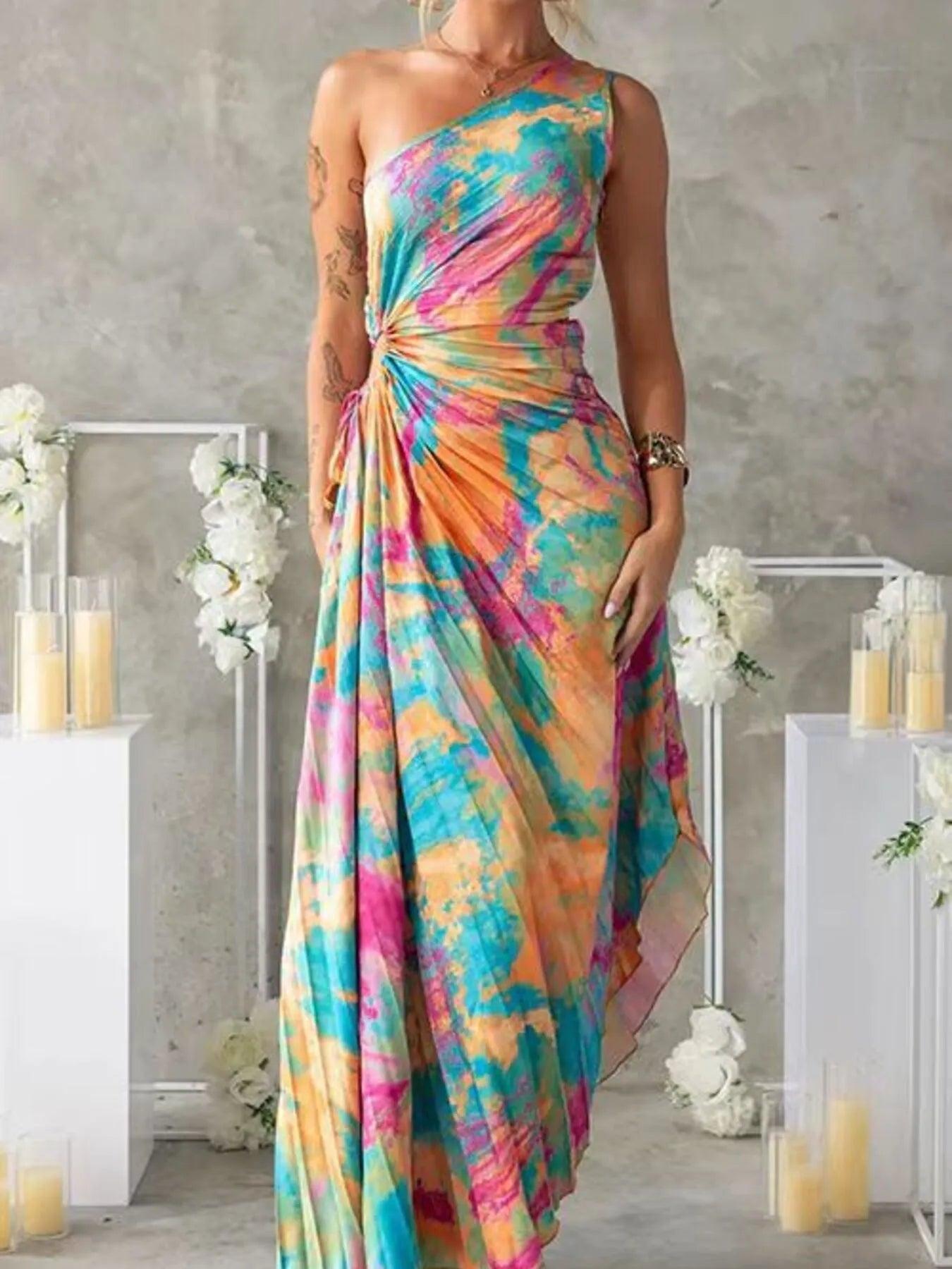 Printed One Shoulder Asymmetrical Maxi Dress Product Image