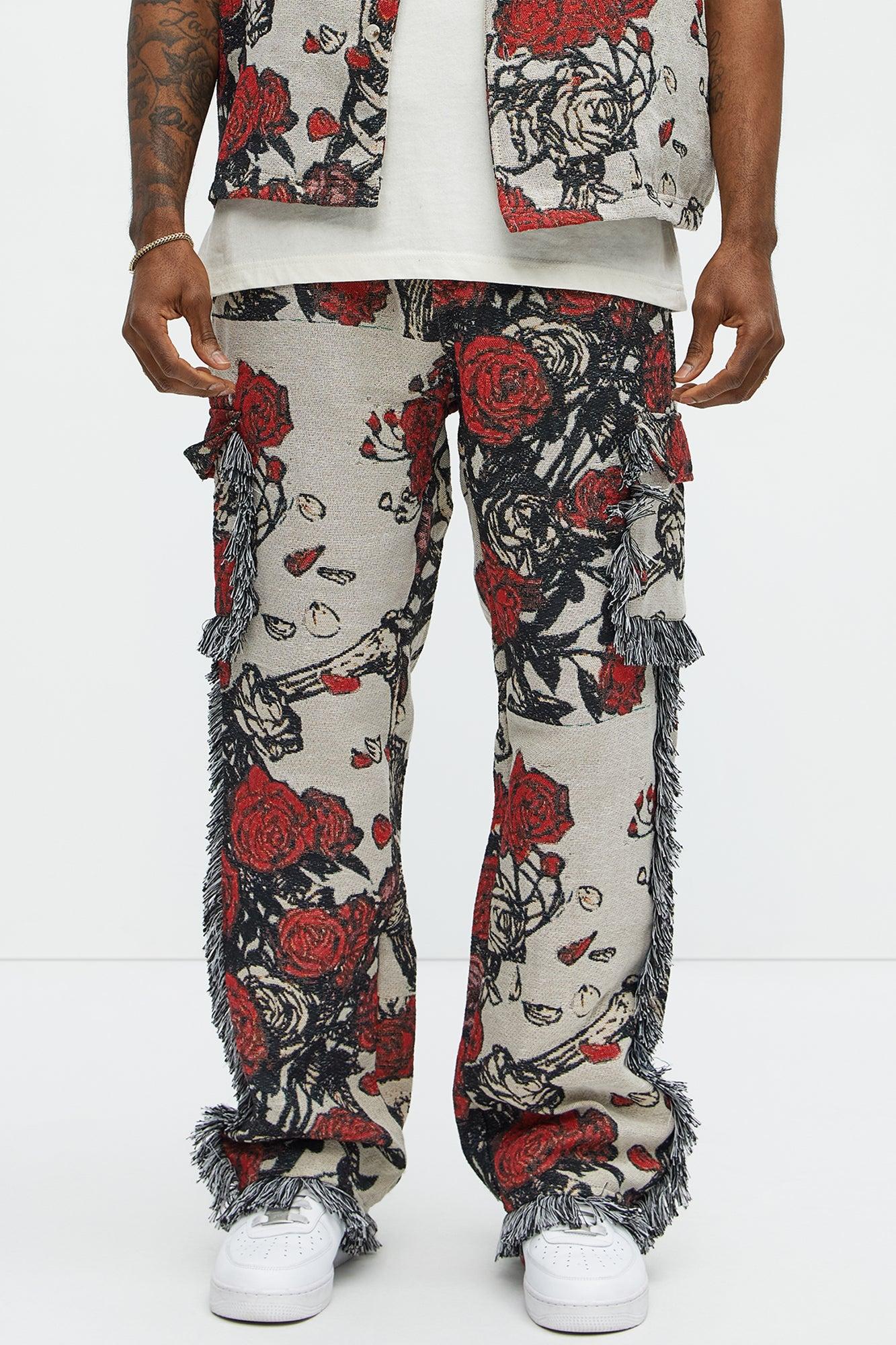 Straight Petals Tapestry Cargo Pants - Red/combo Product Image