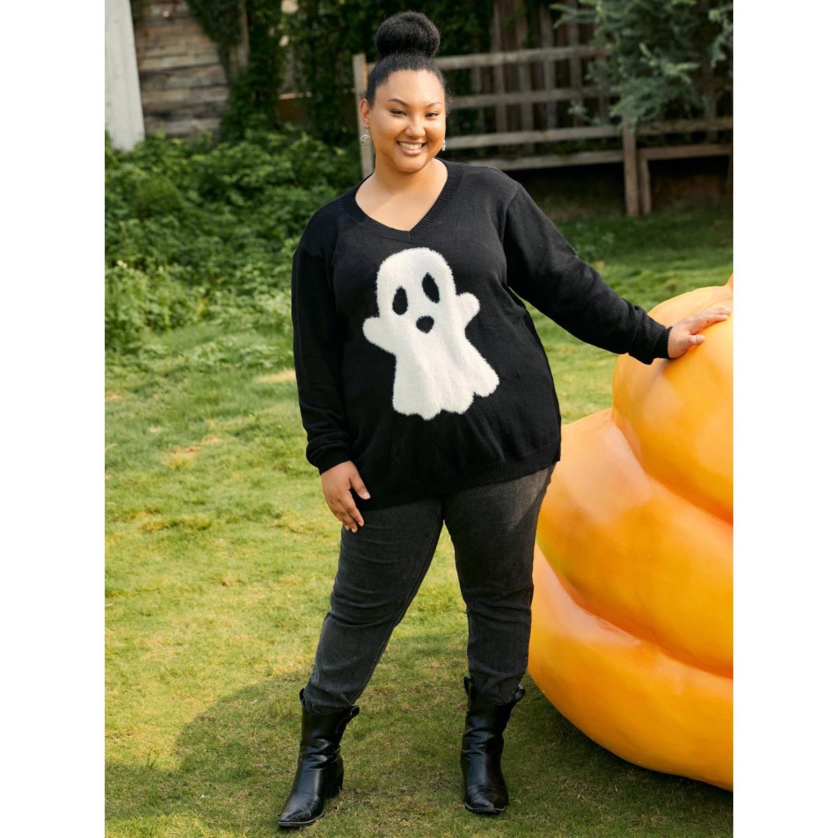 Plus Size Mink Touch Ghost Printed Pullover Black Women Playful Long Sleeve V-neck Casual Pullovers BloomChic 18-20/2X Product Image