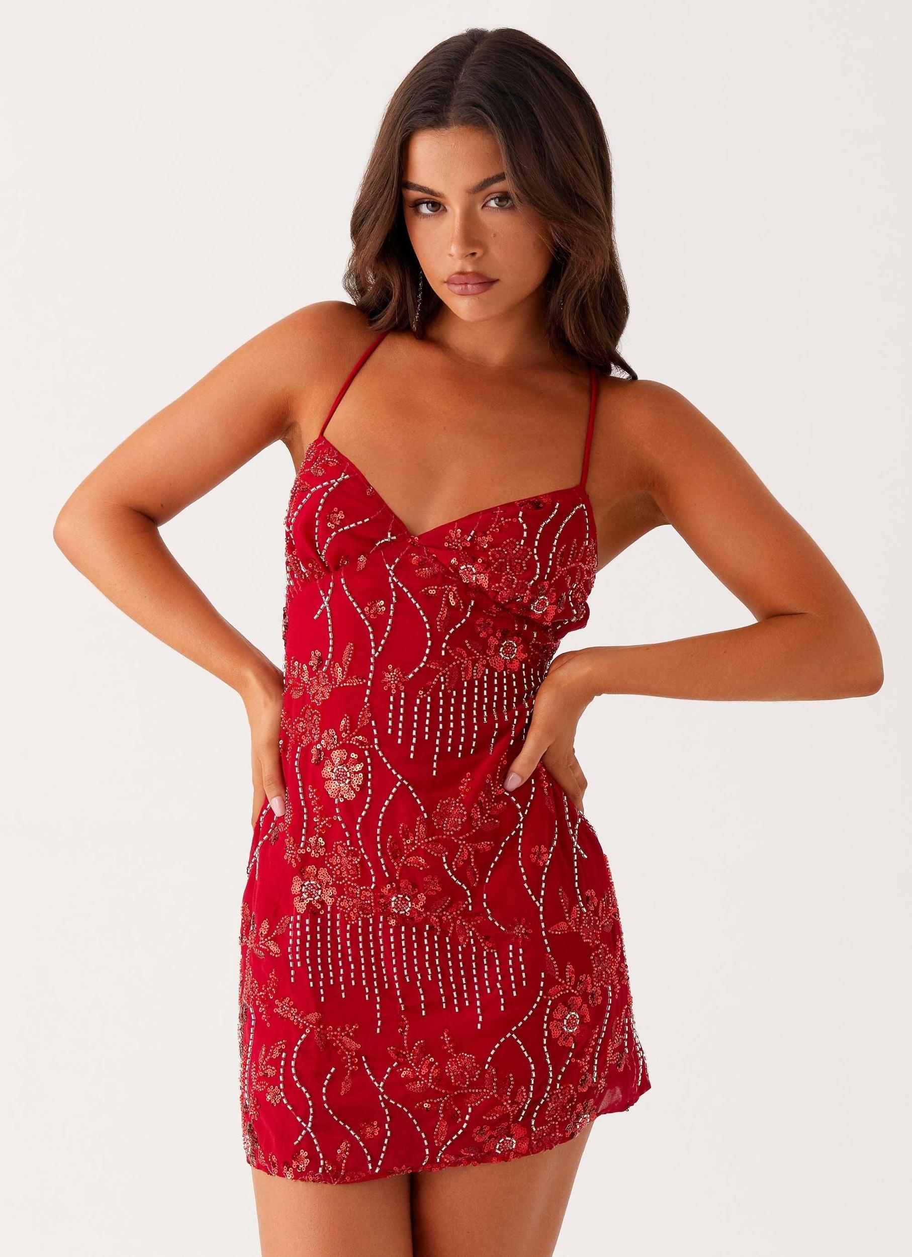 Vietta Sequin Cami Mini Dress - Red Product Image