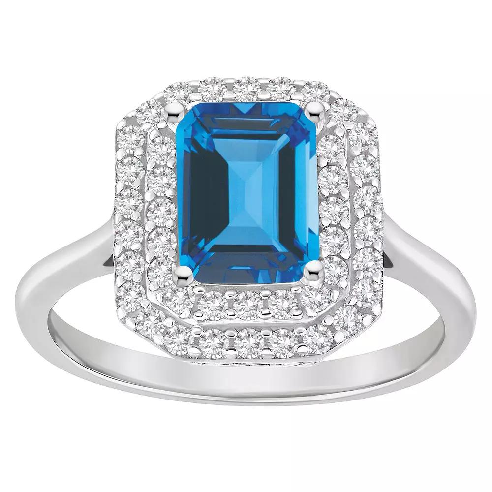 Celebration Gems Sterling Silver Emerald-Cut Swiss Blue Topaz & White Topaz Double Halo Ring, Women's,  Product Image