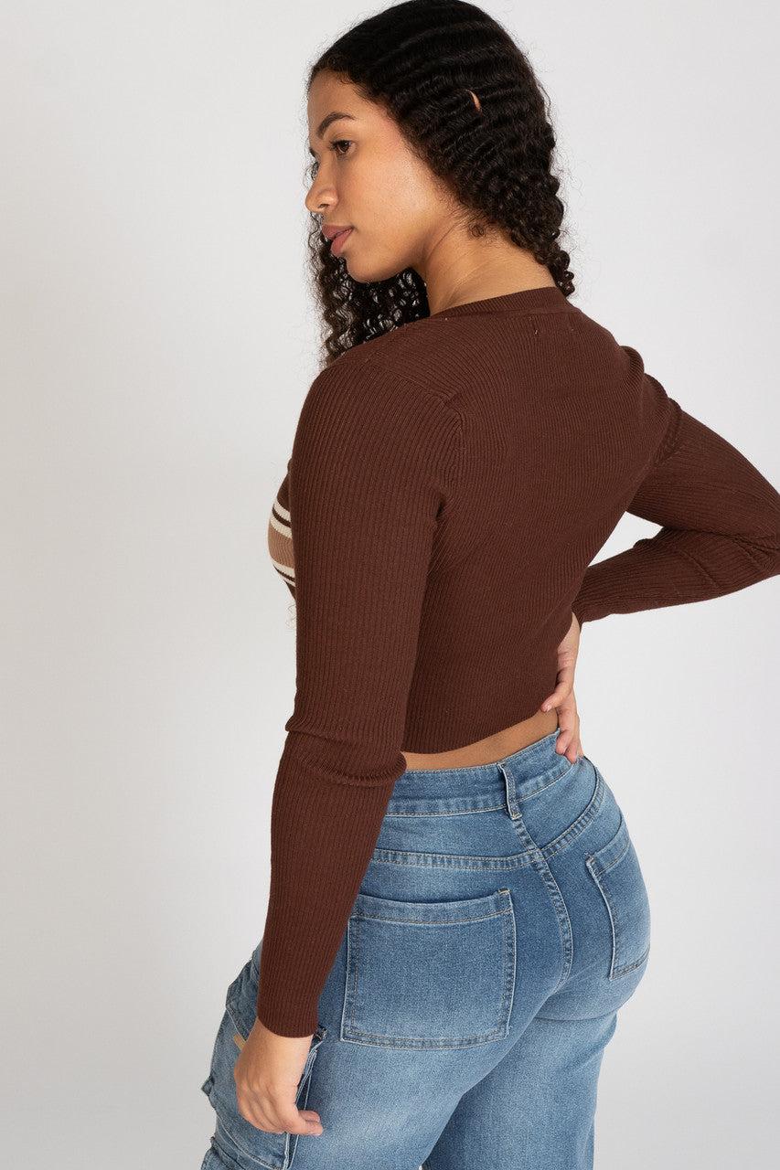 Ribbed V Neck Stripe Sweater Product Image