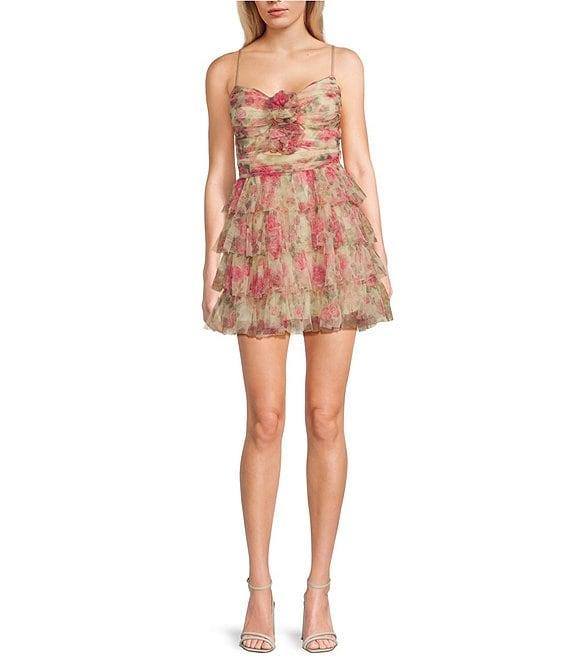 B. Darlin Printed Mesh Spaghetti Strap Sweetheart Ruffle Skirt Rosette Dress Product Image