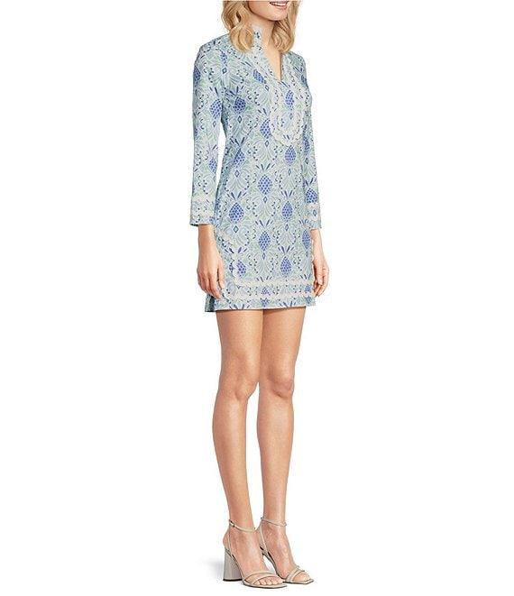 SAIL to SABLE Woven Pineapple Print Split Collar V-Neck Bracelet Sleeve Tunic Dress Product Image