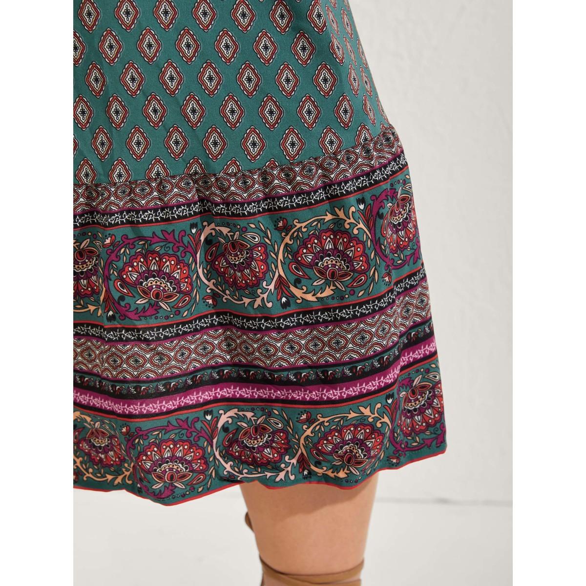 Plus Size Paisley Print Shirred Bodice Midi Dress Teal Women Boho Square Neck Elbow-length sleeve Curvy BloomChic 26/4X Product Image