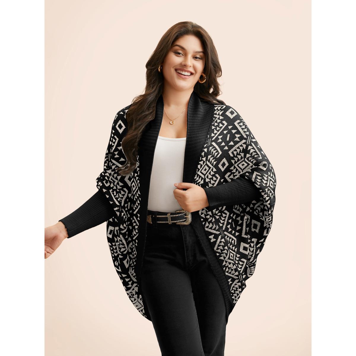 Plus Size Bandana Geometric Dolman Sleeve Cardigan Black Women Casual Loose Long Sleeve Everyday Cardigans BloomChic 28/5X Product Image