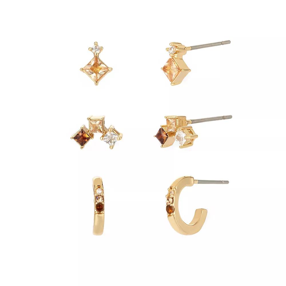 Power of Color Yellow Cubic Zirconia Multi Stud & Hoop Earring Trio Set, Womens, Gold Tone Yellow Product Image