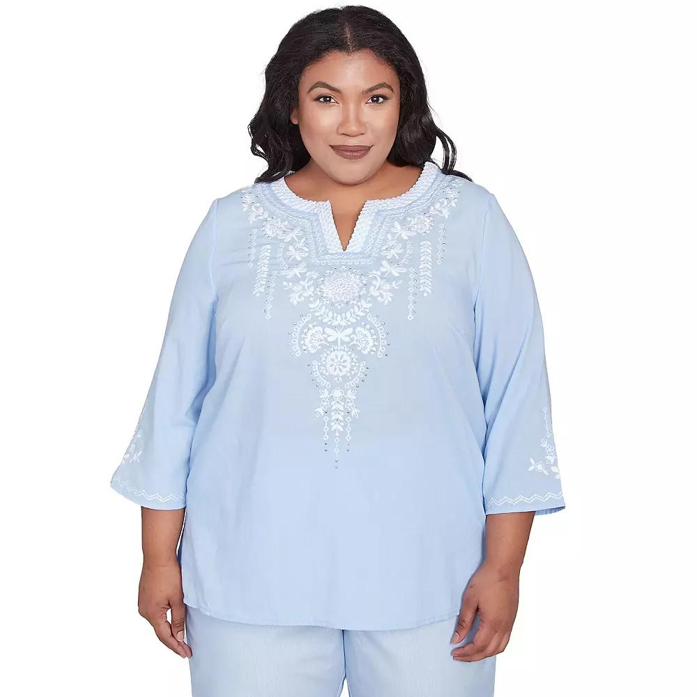 Plus Size Alfred Dunner Embroidered Sky Blue Top, Women's, Size: 2XL, Skyblue Product Image
