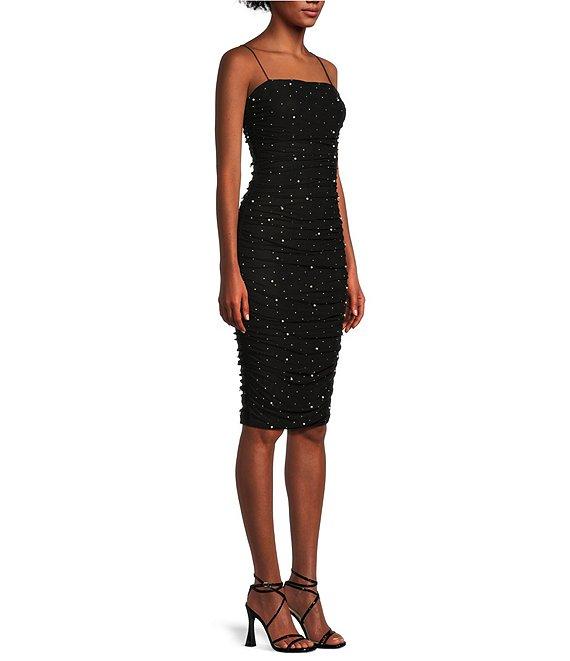 B. Darlin Bungee Strap Allover Shirring AB Stone And Pearls Bodycon Dress Product Image