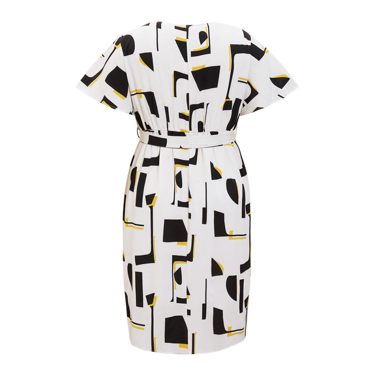Plus Size Geometric Print Pocket Belt Flutter Sleeve Dress Black Women Elegant Contrast Round Neck Short sleeve Curvy Knee Dress BloomChic 28/5X Product Image