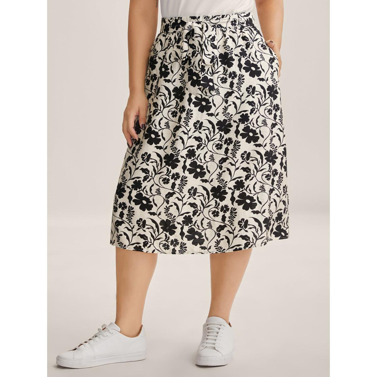 Plus Size Floral Print Belted Midi A-Line Skirt Women Originalwhite Loose No stretch Side seam pocket Belt Everyday-Casual Skirts BloomChic 30/6X Product Image