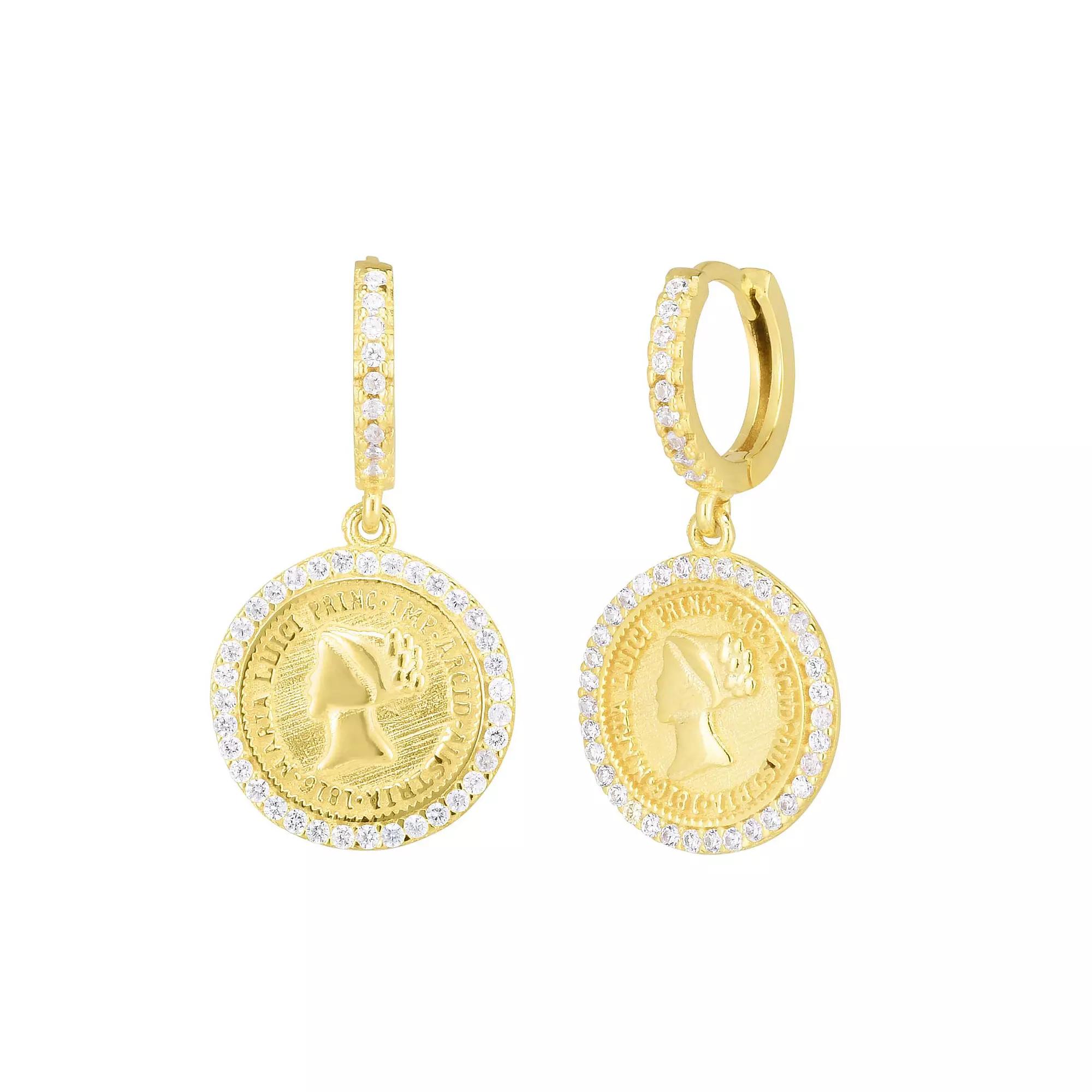 Sunkissed Sterling Cubic Zirconia Halo Coin Hoop Drop Earrings, Women's, Gold Tone Product Image