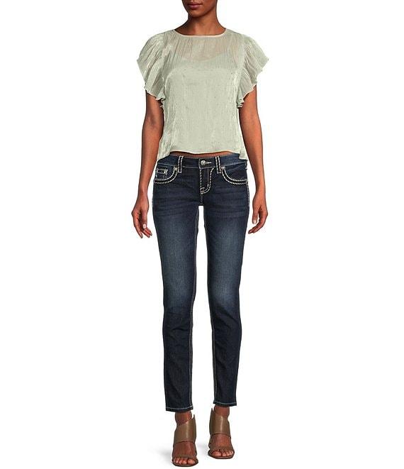 Miss Me Saddle Border Stitch Flap Pocket Low Rise Skinny Jeans Product Image