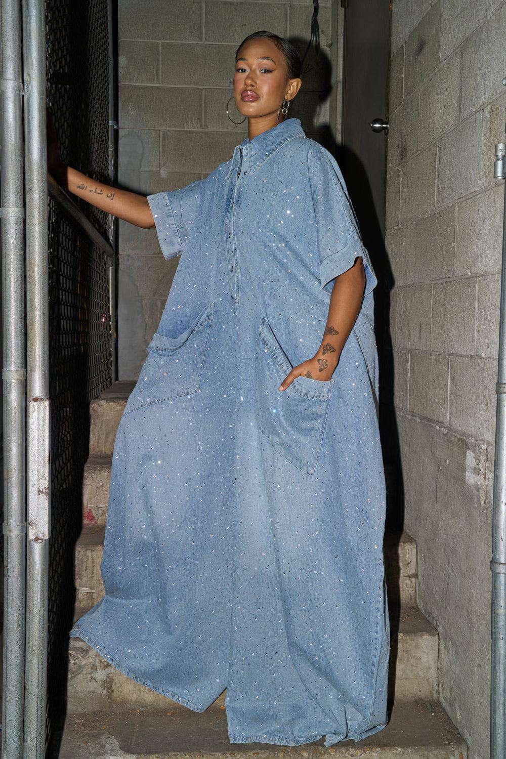 GINA DENIM RHINESTONE JUMPSUIT Product Image