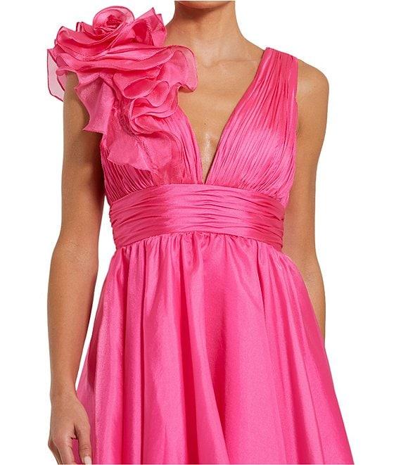 Ieena for Mac Duggal Ruffle Shoulder Sleeveless V-Neck Fit and Flare Dress Product Image