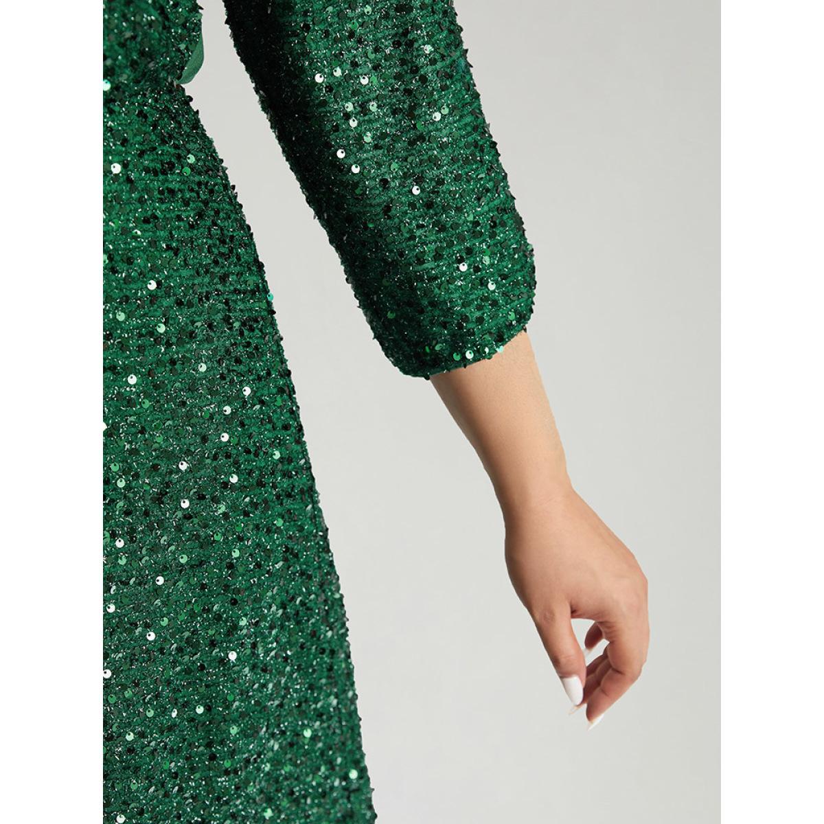 Plus Size Sequin Overlap Collar Elastic Waist Knee Dress DarkGreen Women Cocktail Wrap Overlap Collar Elbow-length sleeve Curvy Knee Dress BloomChic 22-24/3X Product Image