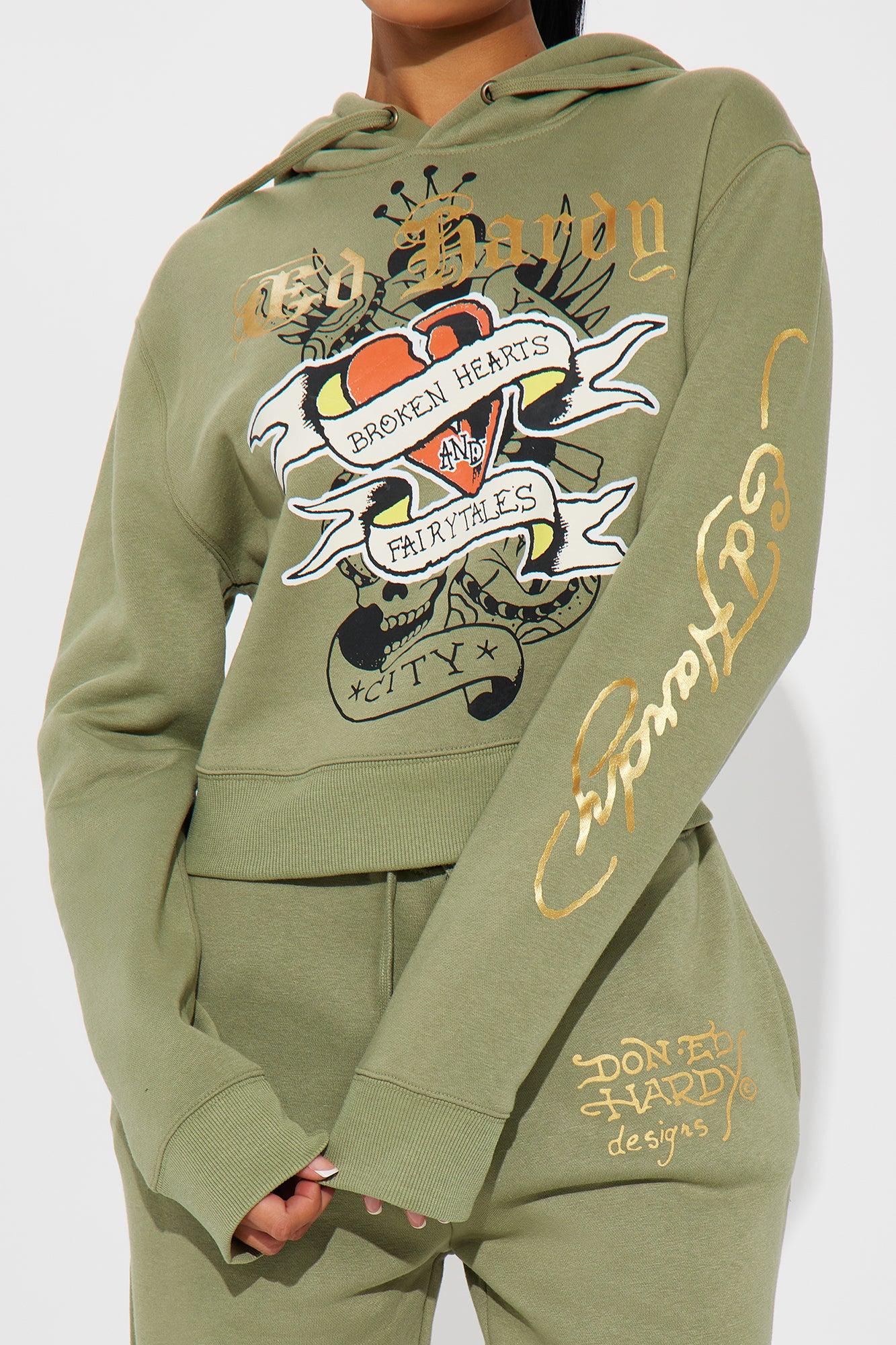 Ed Hardy Broken Hearts Cropped Hoodie - Sage Product Image