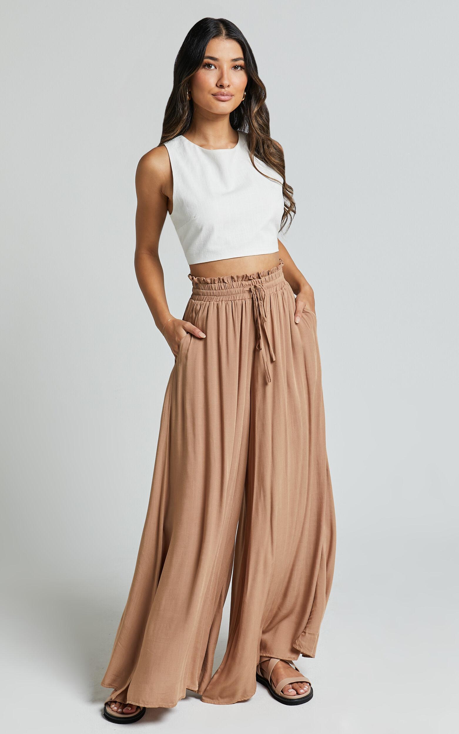 Hany Pants - High Waist Drawstring Wide Leg Pants in Latte Product Image