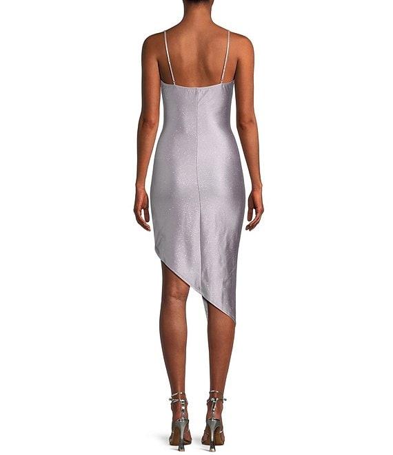 Honey and Rosie Spaghetti Strap Asymmetrical Hem Faux-Wrap Shimmery Stretch Satin Dress Product Image