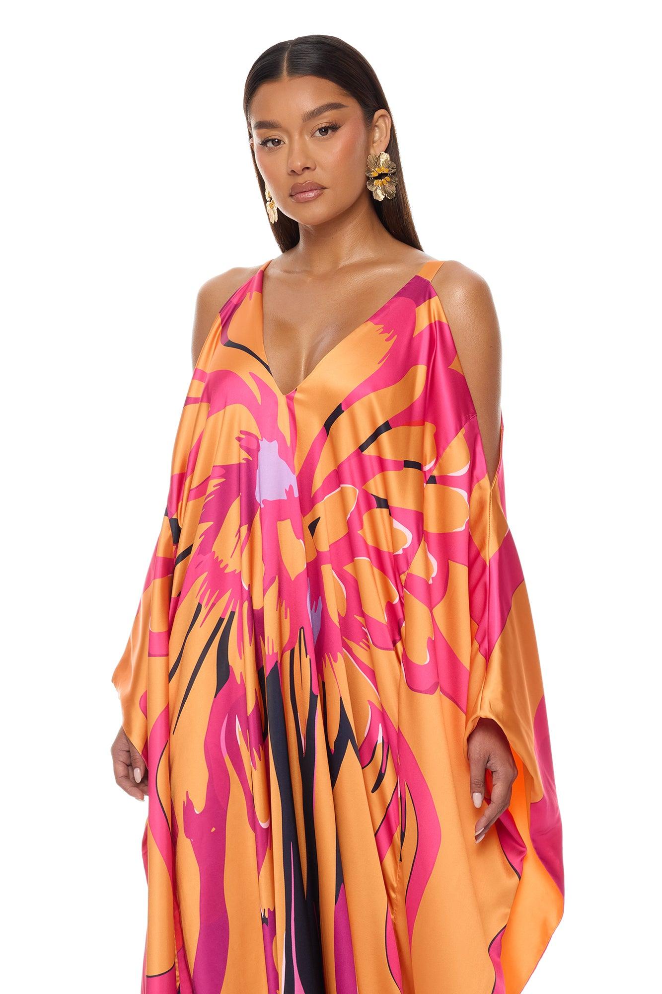 Resort And Repeat Satin Kaftan Dress - Orange/combo Female Product Image