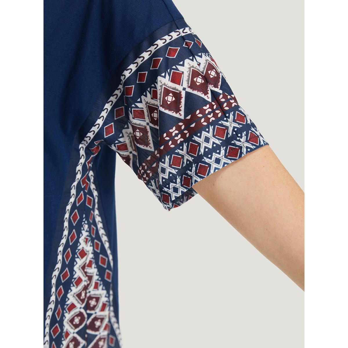 Plus Size Bandana Print Patchwork Crew Neck T-shirt Indigo Women Casual Patchwork Bohemian Print Round Neck Dailywear T-shirts BloomChic 12/L Product Image