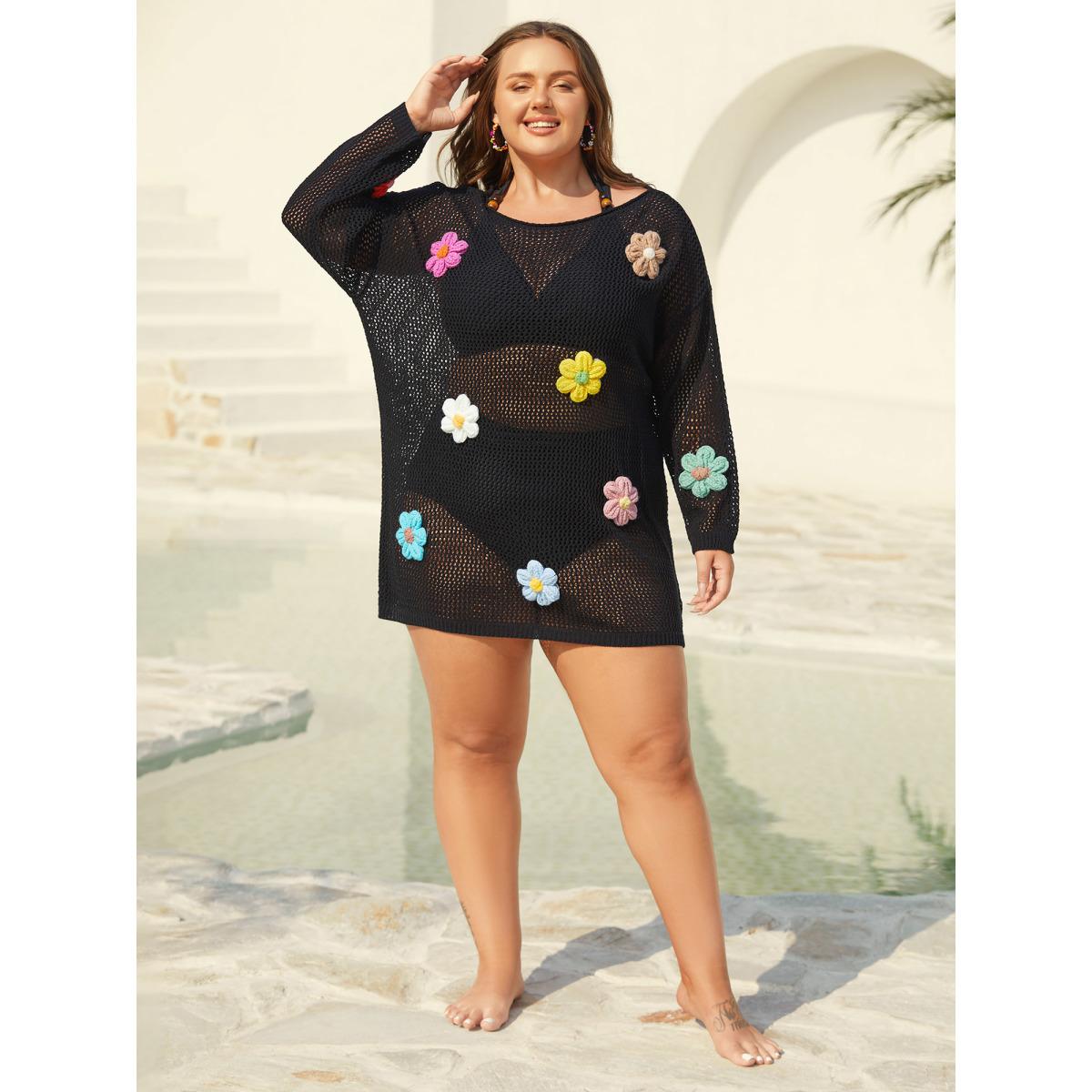 Plus Size Crochet Floral Cut-Out Swim Cover-Up Women's Swimwear Black Beach Loose Crochet Curve Swim Cover Ups BloomChic 12/L Product Image
