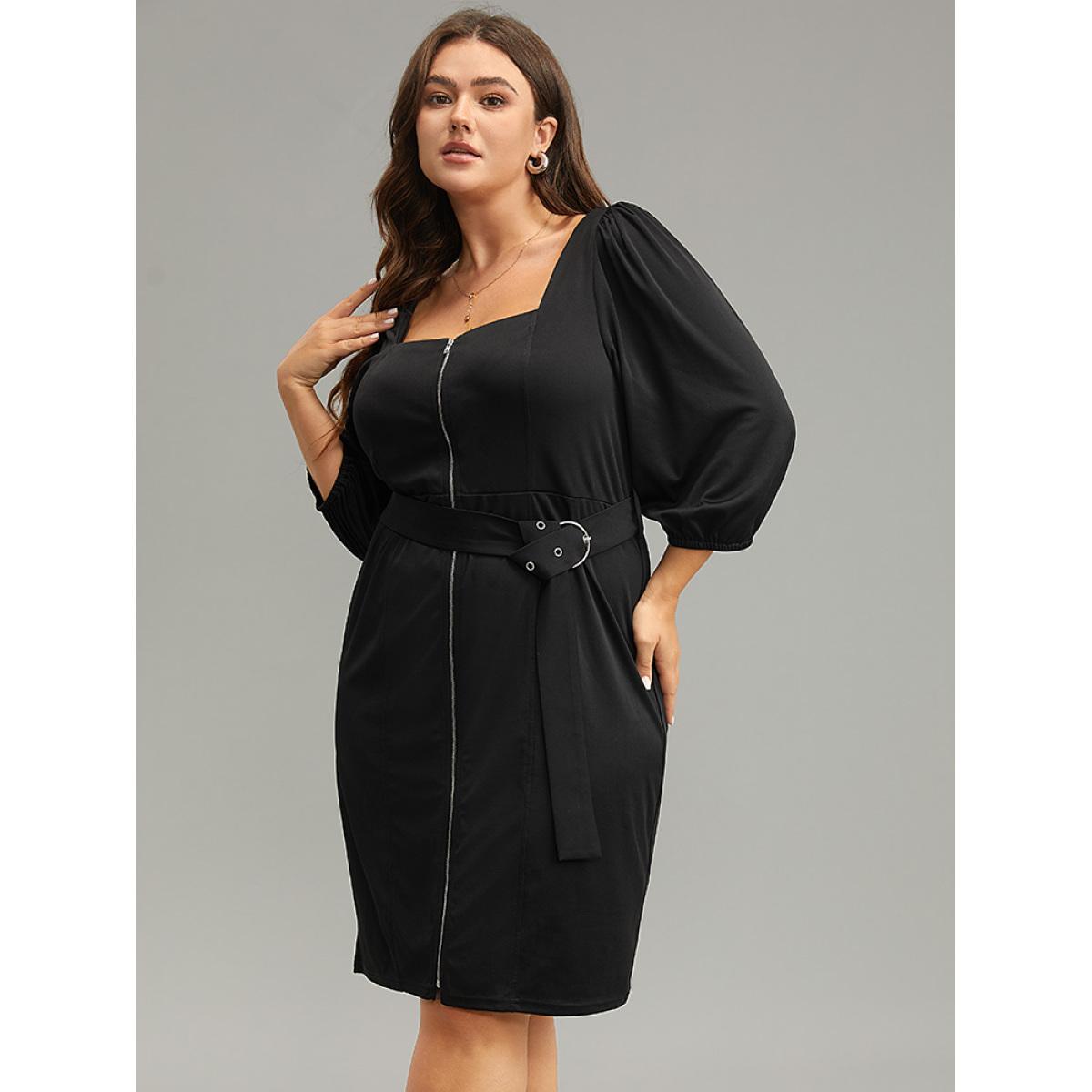 Plus Size Plain Square Neck Belted Metal Detail Zipper Dress Black Women Office Plain Square Neck Elbow-length sleeve Curvy Knee Dress BloomChic 28/5X Product Image