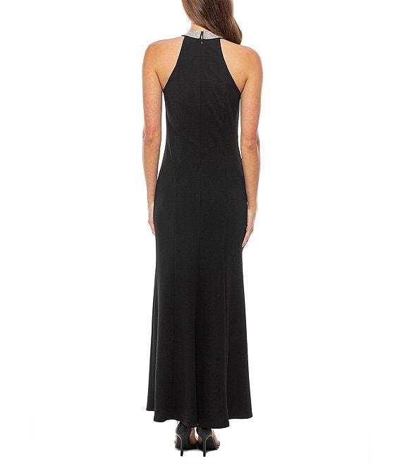 Marina Rhinestone Trim Halter Neck Sleeveless Scuba Crepe Sheath Dress Product Image
