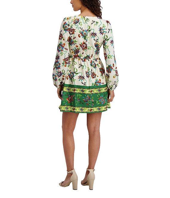 SIENA Floral Print V-Neck Long Sleeve Woven Shift Mini Dress Product Image