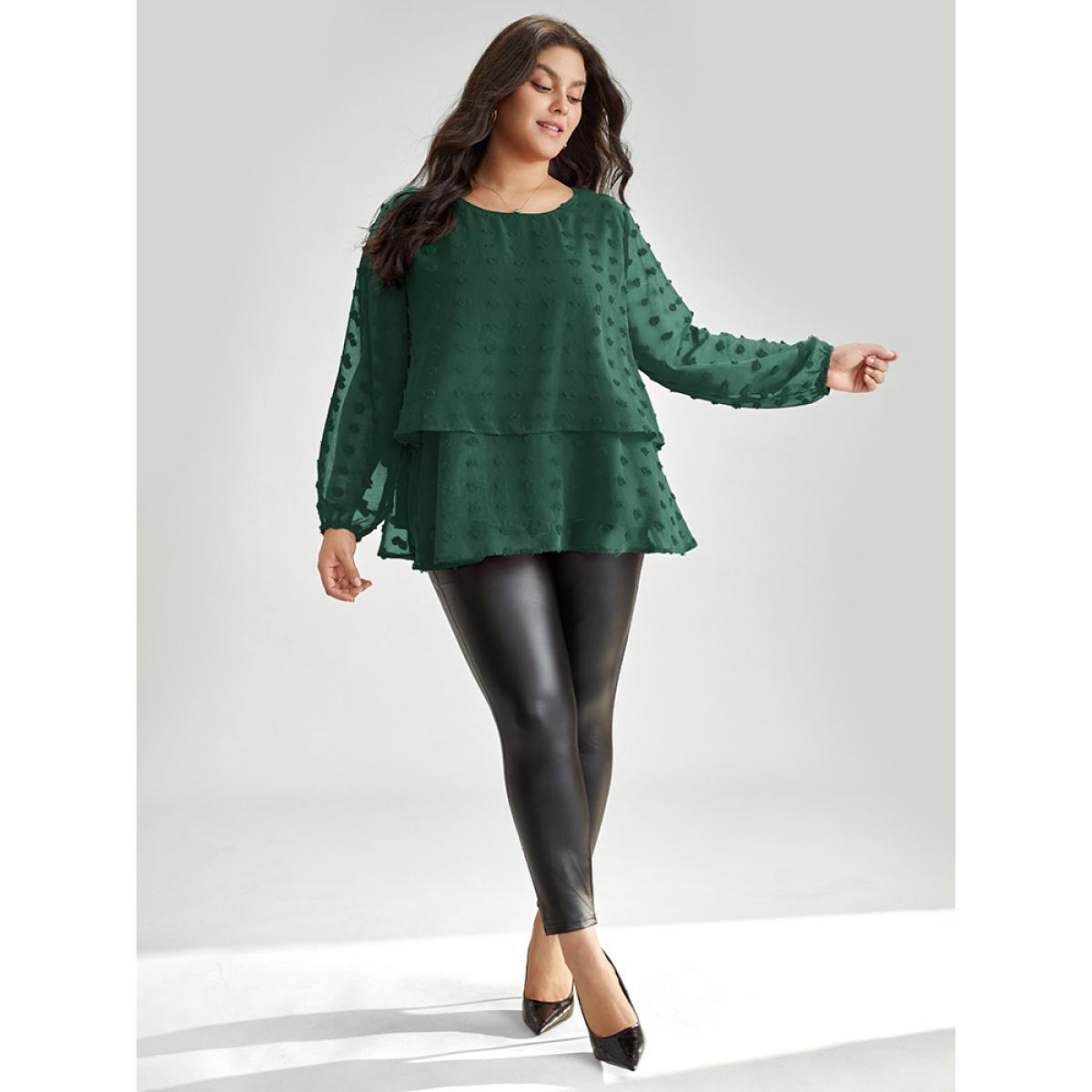 Plus Size Scarlet Solid Textured Lantern Sleeve Tiered Hem Blouse Women Elegant Long Sleeve Round Neck Everyday Blouses BloomChic 14-16/1X Product Image