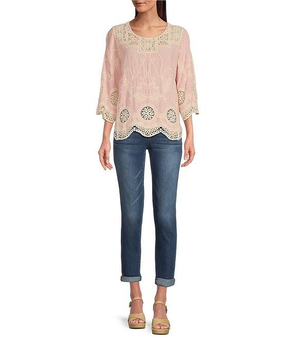 Leo & Nicole Woven Allover Embroidered Scoop Neck 3/4 Sleeve Lace Yoke Top Product Image
