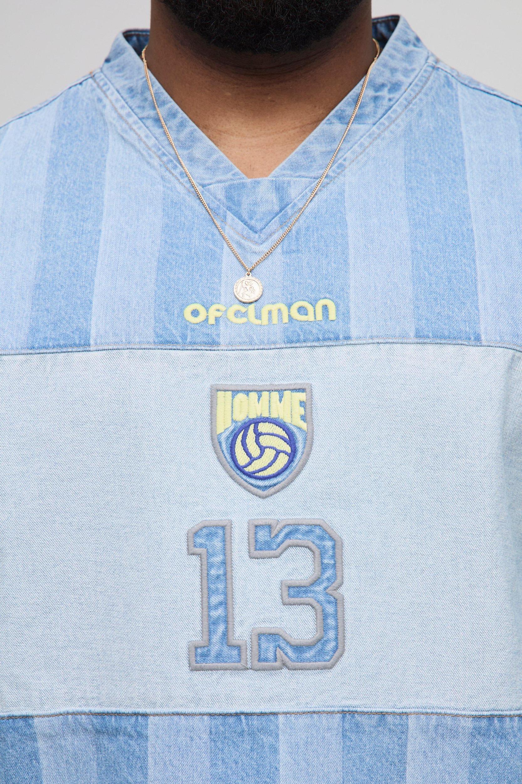 Plus Oversized Embroidery Football Denim T-Shirt | boohooMAN USA Product Image