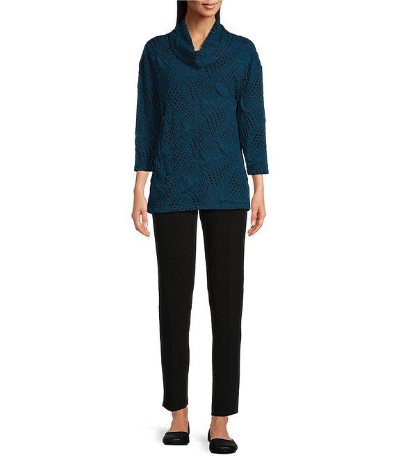 Ali Miles Knit Jacquard Cowl Neck 3/4 Sleeve Hi-Low Hem Tunic Product Image