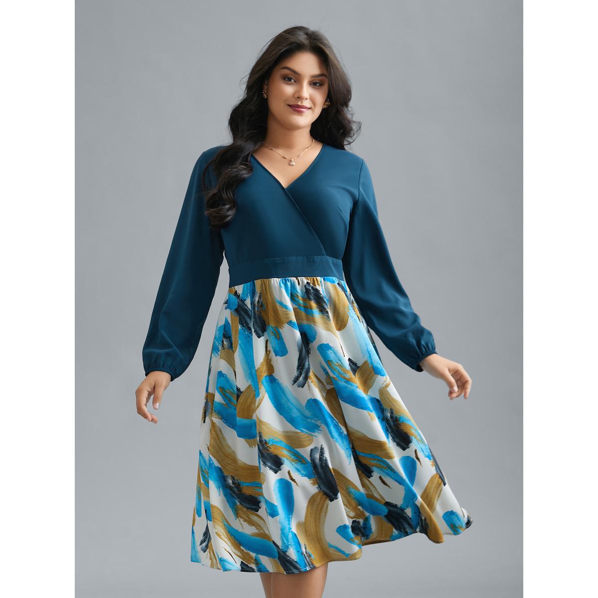 Plus Size Brush Stroke Print Contrast Spliced Dress Aegean Women Elegant Patchwork Overlap Collar Long Sleeve Curvy BloomChic 22-24/3X Product Image