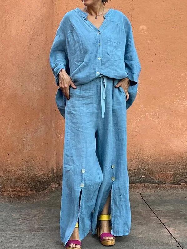 Loose Wide Leg Drawstring Solid Color Split-Front Split-Joint Pants Trousers Product Image