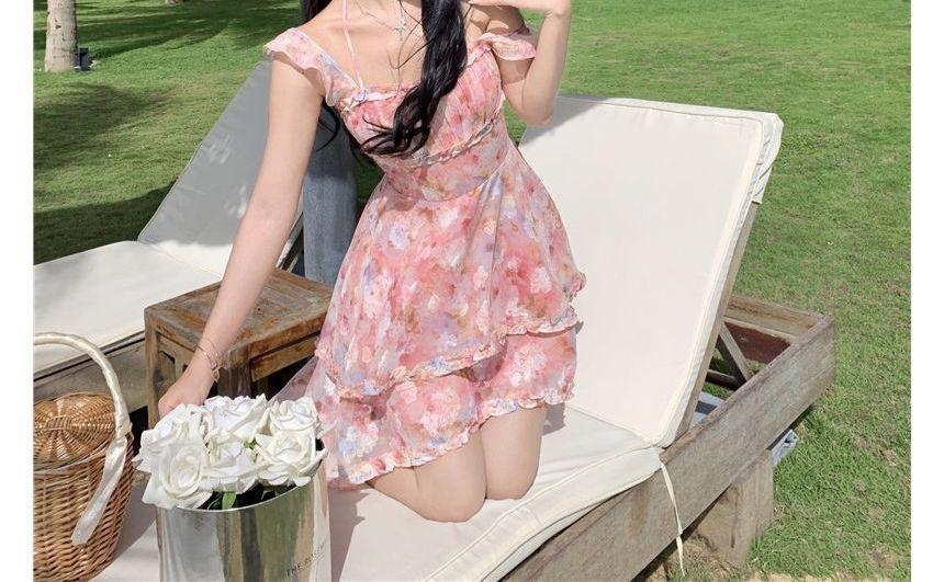 Ruffle Strap Floral Print Asymmetrical Midi Layered Sundress Product Image