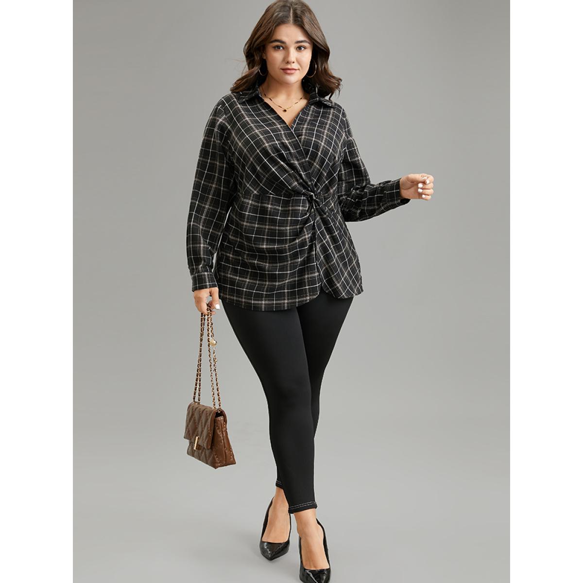 Plus Size Black Plaid Shirt Collar Twist Front Blouse Women Office Long Sleeve Shirt collar Work Blouses BloomChic 12/L Product Image