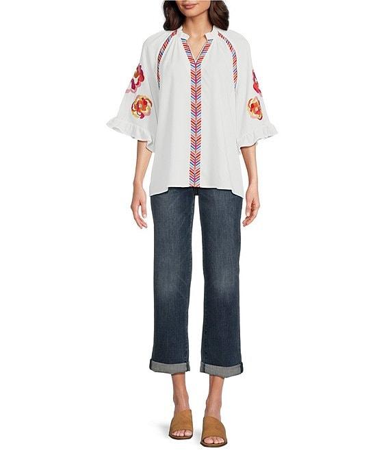 Calessa Embroidered Ruffle Split V-Neck Elbow Sleeve Tunic Product Image