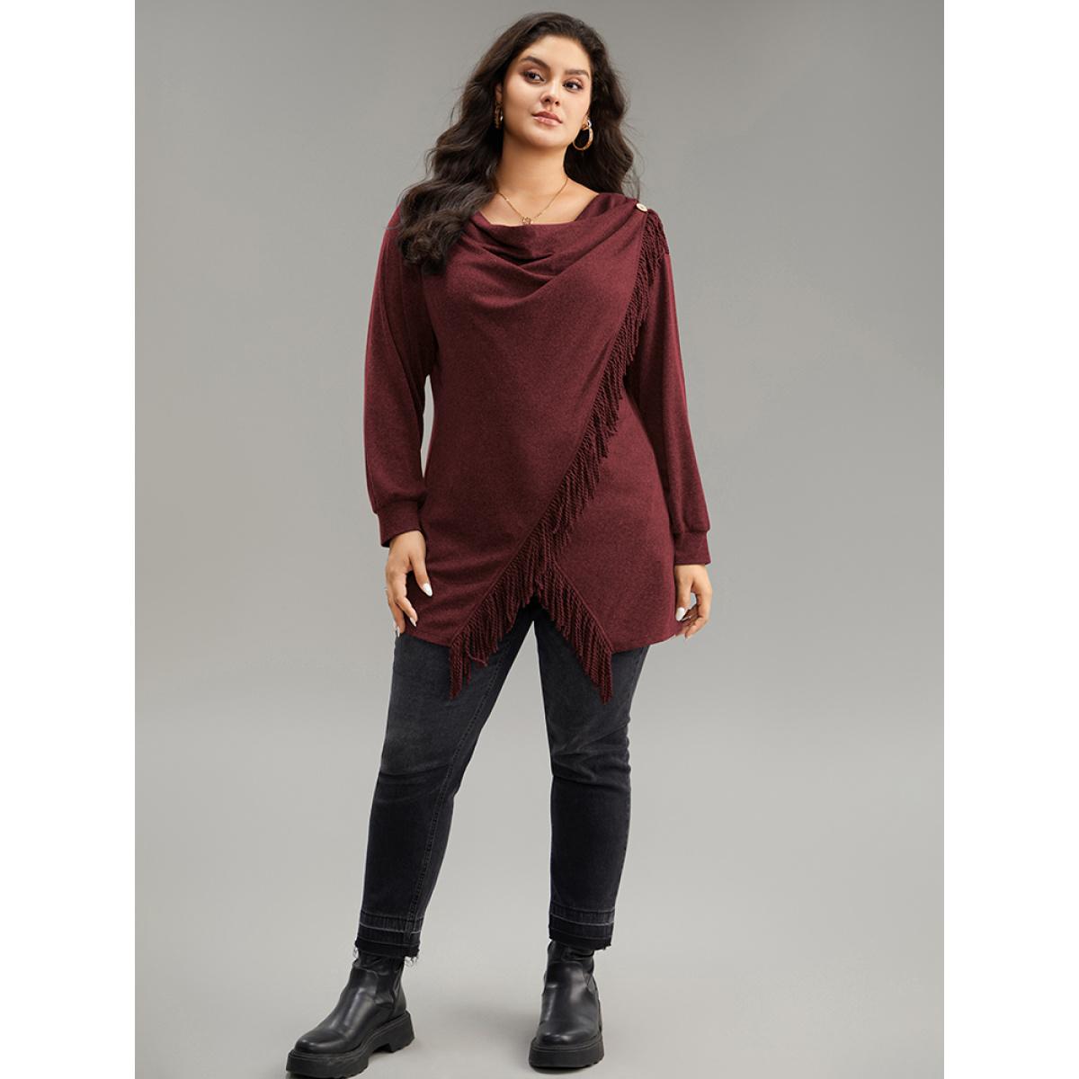 Plus Size Cowl Neck Tassels Button Detail Wrap Sweatshirt Women Burgundy Elegant Wrap Cowl Neck Everyday Sweatshirts BloomChic 22-24/3X Product Image
