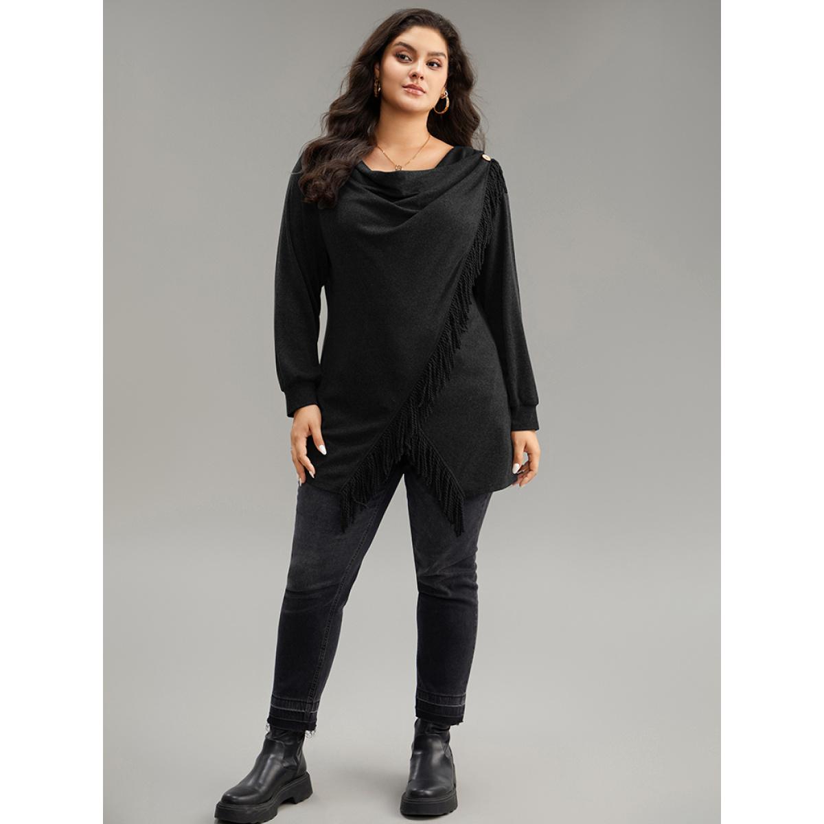 Plus Size Cowl Neck Tassels Button Detail Wrap Sweatshirt Women Black Elegant Wrap Cowl Neck Everyday Sweatshirts BloomChic 18-20/2X Product Image