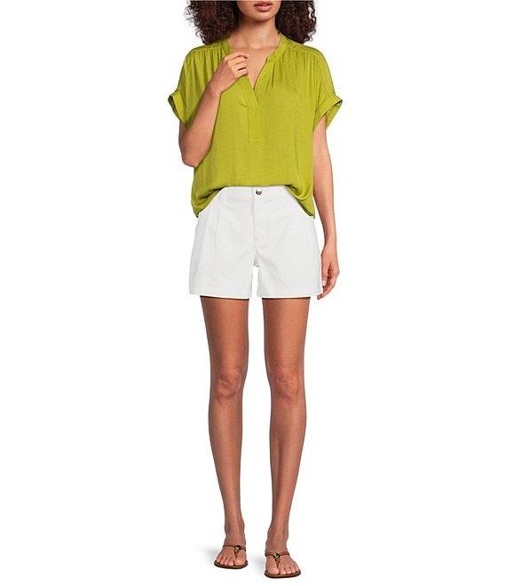 Gibson & Latimer Moonshadow Satin Split Round Neck Dropped Short Roll Tab Sleeve Hi-Low Shirttail Blouse Product Image