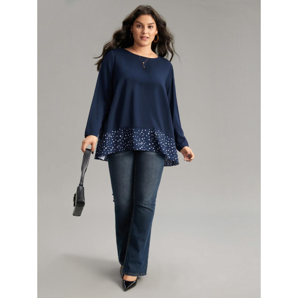 Plus Size Indigo Polka Dot Patchwork Long Sleeve Blouse Women Office Long Sleeve Round Neck Office Blouses BloomChic 30/6X Product Image