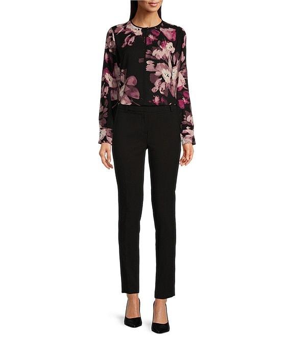 Calvin Klein Floral Printed Georgette Crew Neck Keyhole-Button Long Sleeve Blouse Product Image