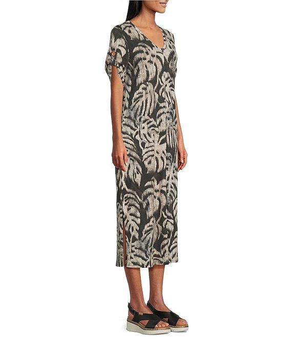 Westbound Sketched Palms Short Sleeve V-Neck Midi Dress Product Image
